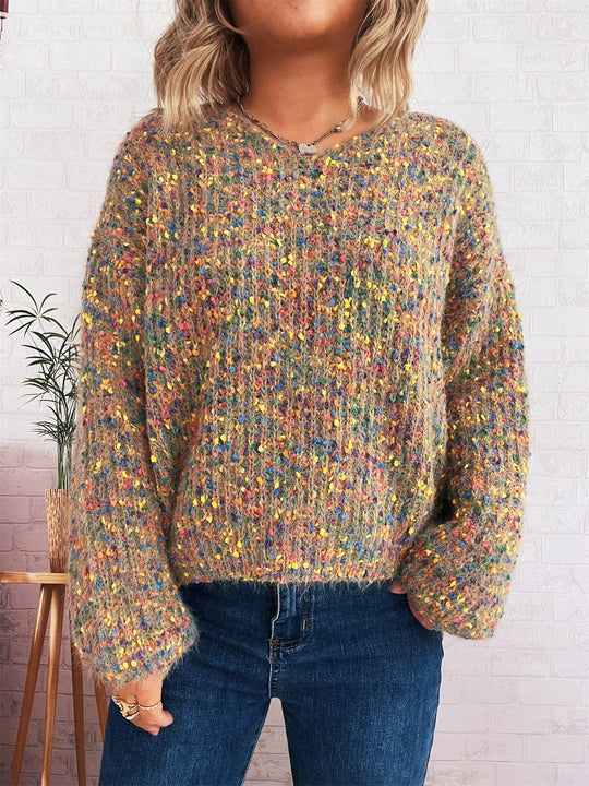 Damen komfortabler Strickpullover mit buntem Strukturmuster und weit geschnittenen Ärmeln R&B