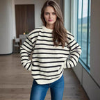 Damen lässiger Strickpullover mit breiten Streifen und lockerer Passform R&B