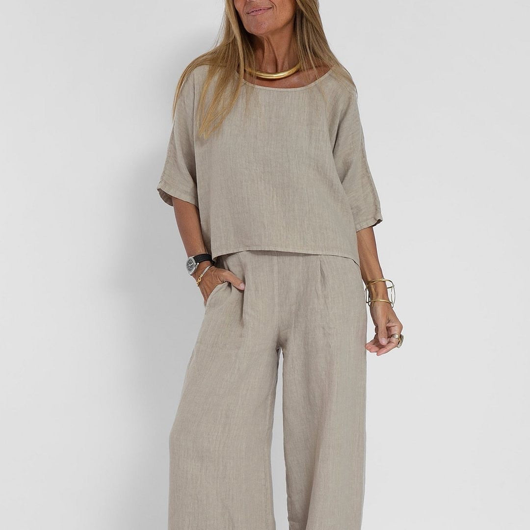 Damen lässiges Leinen-Set mit weitem Oberteil und palazzo Hosen