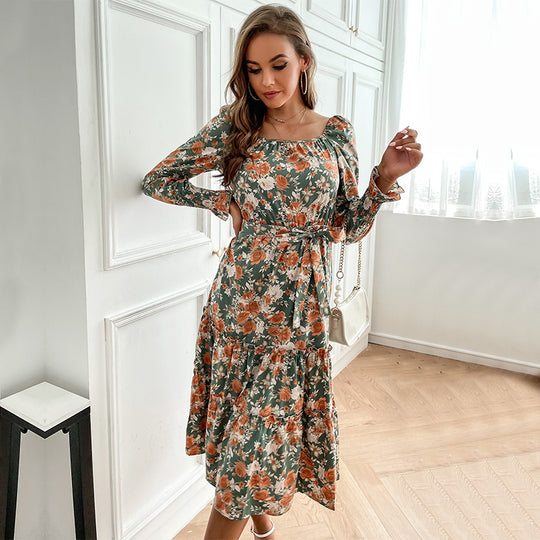 Damen Maxikleid mit elegantem floralen Design und taillierbarem Gürtel R&B