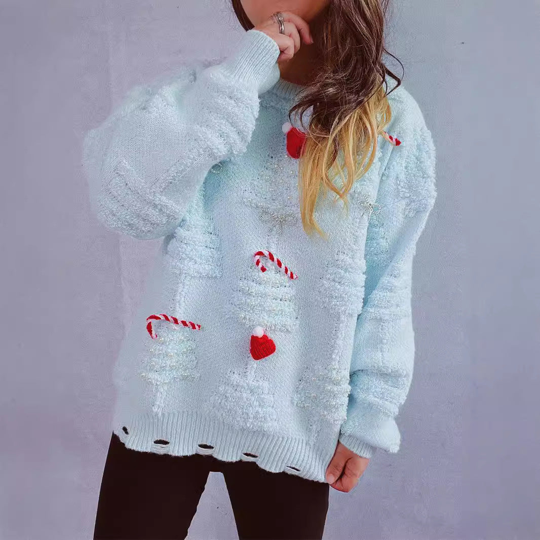 Damen festlicher Pullover mit kreativen Weihnachtsmotiven und strukturiertem Design R&B