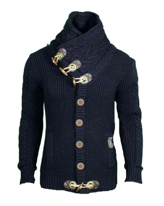 Herren gestrickter Cardigan mit hohem Kragen und modernen Holzknebel R&B