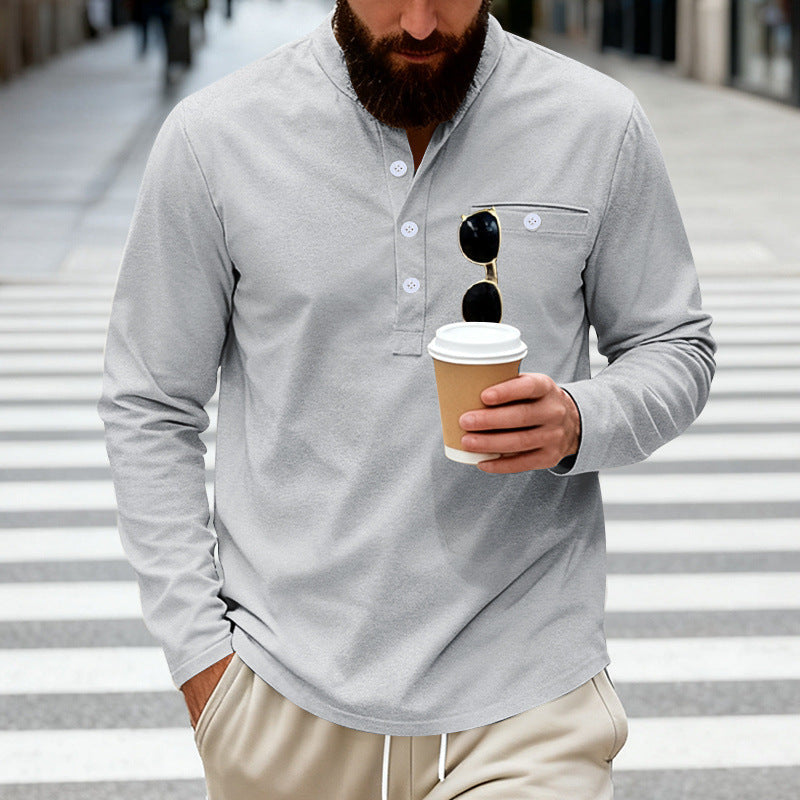 Herren nan lässiges Langarm-Henleyshirt aus Baumwollmischung mit Brusttasche R&B
