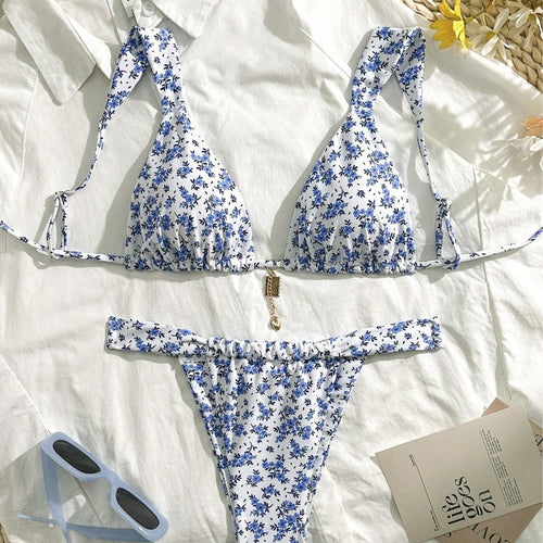 Damen Triangel-Bikini mit floralen Mustern und verstellbaren Trägern R&B