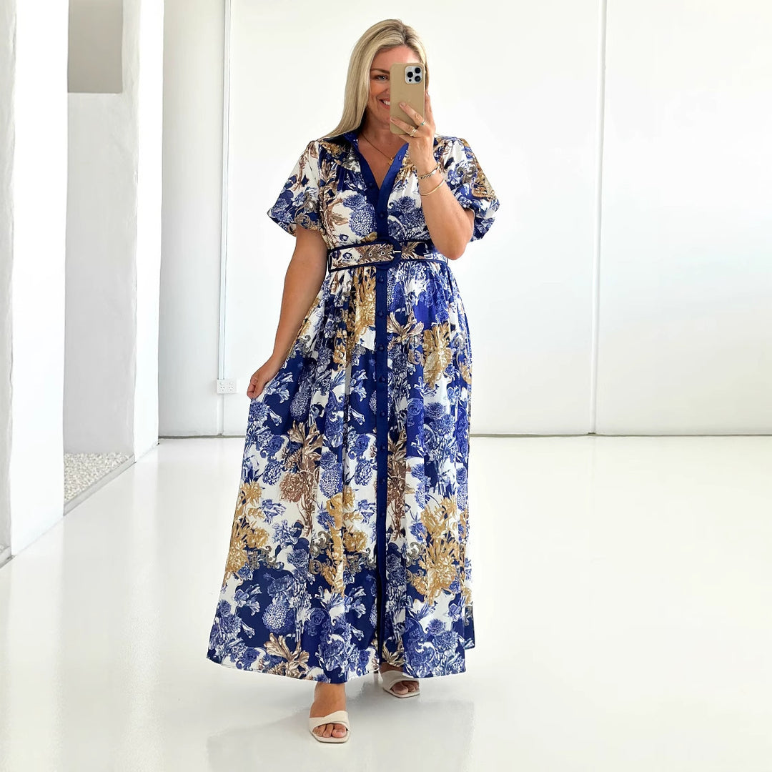 Damen Maxikleid mit floralem Print und eleganter Knopfleiste R&B