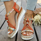 Damen Wedge-Sandalen mit buntem geflochtenem Riemendesign und gepolsterter Sohle
