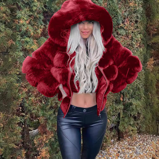 Damen Kuschelige Kunstfelljacke mit voluminösem Kapuzenkragen R&B