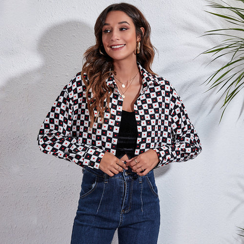 Damen Modische Karokbluse mit Herzen und cropped Schnitt R&B