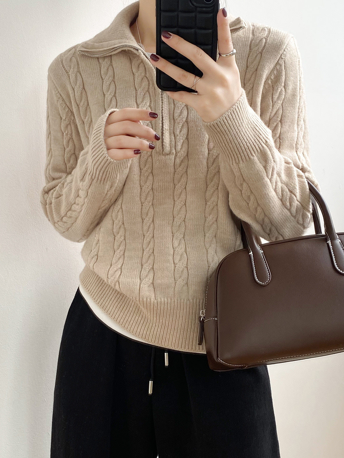 Damen Kuscheliger Strickpullover mit Stehkragen und Zopfdesign