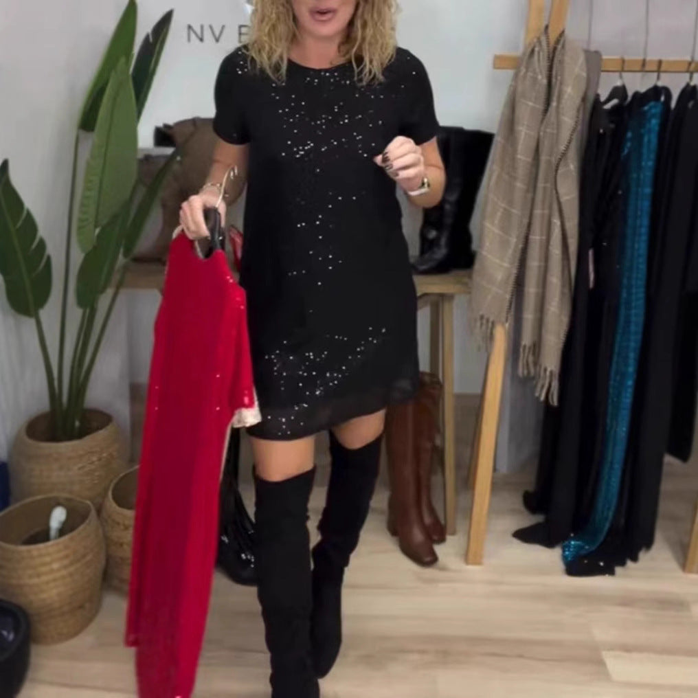 Damen Glamouröses Minikleid mit funkelnden Pailletten und elastischem Bund Heidi-Mode