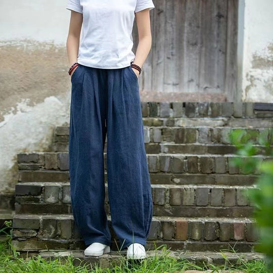 Damen weite Leinenhose mit elastischem Bund und seitlichen Taschen R&B