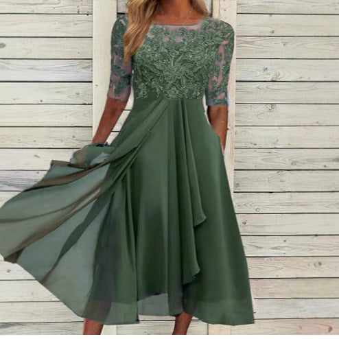 Damen Elegantes Midikleid mit Spitzenärmeln und schwingendem Rock R&B
