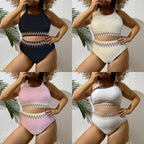 Damen Sportlicher Zweiteiliger Badeanzug mit einzigartigem Cut-Out-Design und buntem Bannermuster R&B