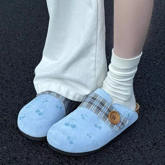 Damen Clogs mit modischem Karodesign und dekorativer Knopfdetails R&B