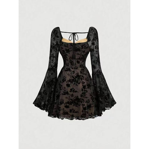Damen Mini-Kleid mit floralen Spitzenärmeln und verführerischem Ausschnitt R&B