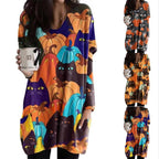 Damen Oversized Grafik Katze und Kürbis Tunika Kleid R&B