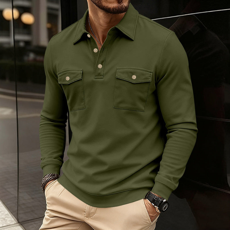 Herren nan figurbetontes Langarm-Poloshirt mit Hemdkragen und aufgesetzten Brustklappen R&B