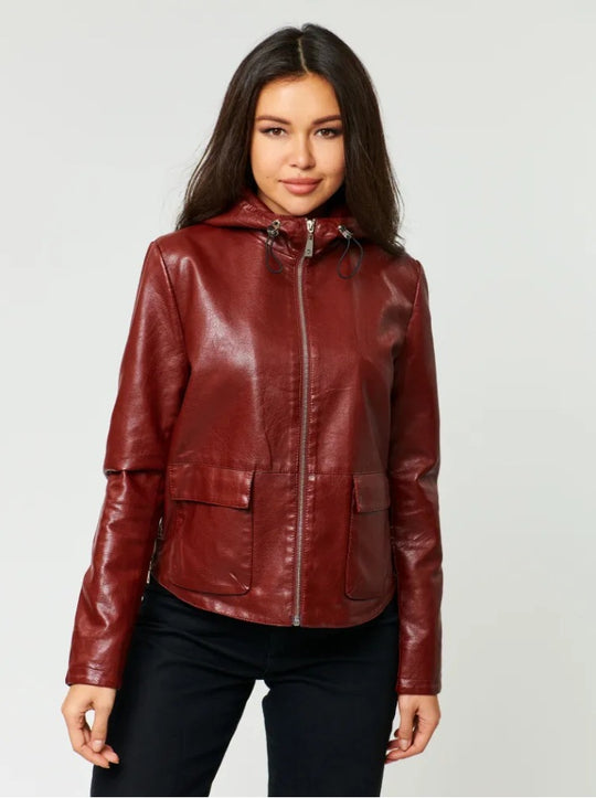 Damen Kunstlederjacke mit angeschnittenem Hoodie und praktischen Taschen R&B