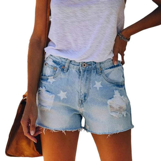 Damen Jeansshorts mit modischem Sternenprint und fransigem Saum R&B