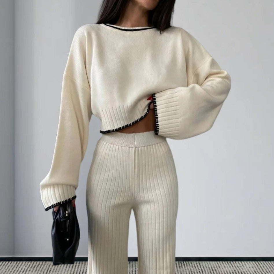 Damen elegantes Strickanzug mit weitem Bein und romantischen Ärmeln R&B