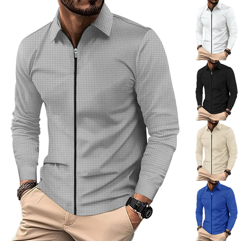 Herren nan strukturiertes Langarm-Polo aus Waffelstrick mit Hemdkragen und schmaler Schulterpartie R&B