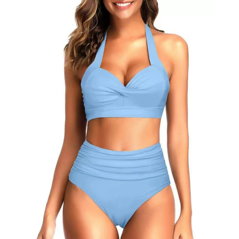 Damen Hochtaillierter Karobikini mit gerafftem Oberteil R&B