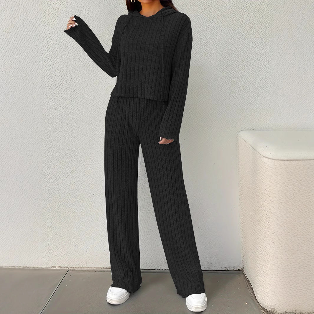 Damen lässiges Strick-Lounge-Set mit Kapuze und weitem Schnitt R&B