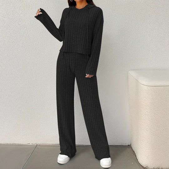 Damen lässiges Strick-Lounge-Set mit Kapuze und weitem Schnitt R&B