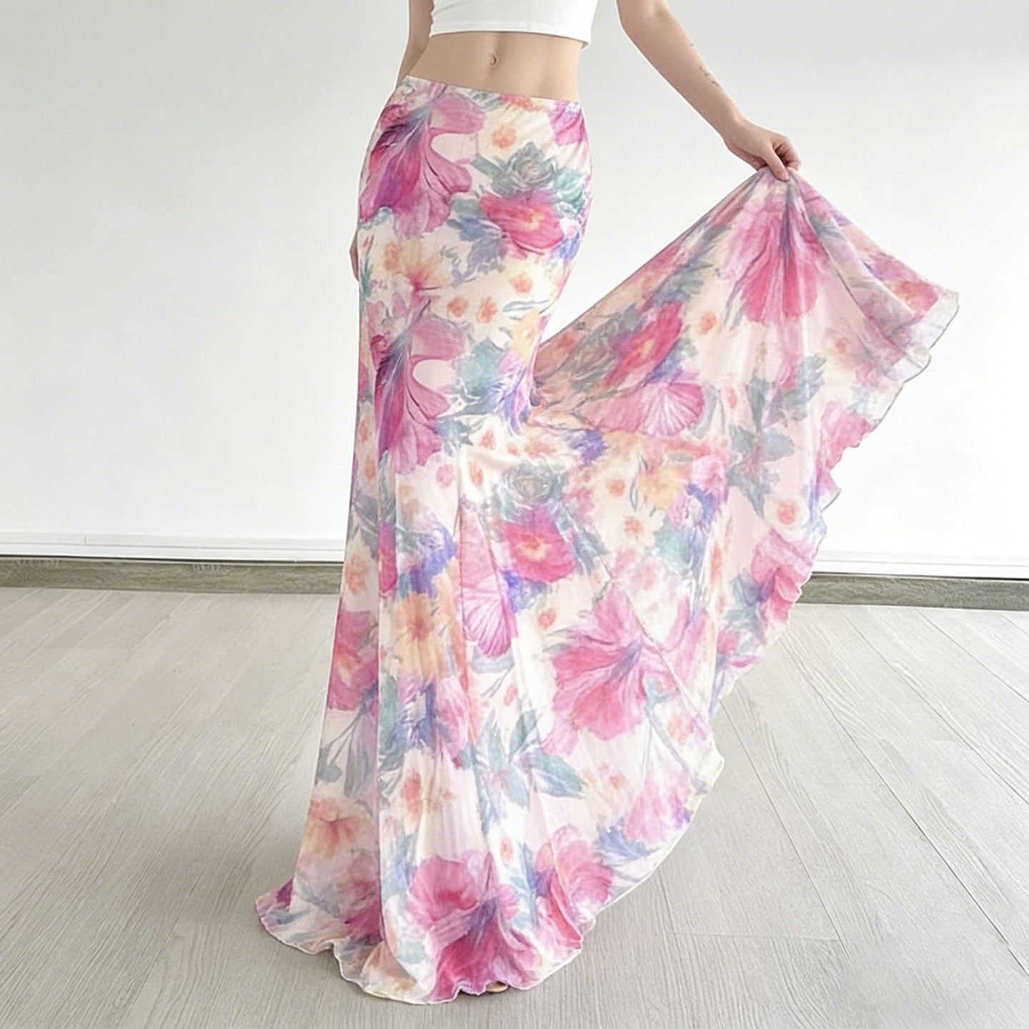 Damen Fließender Maxirock mit floralem Design und schwingendem Saum R&B