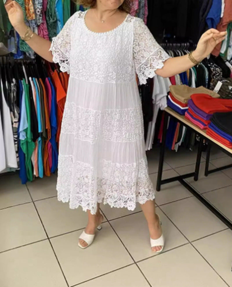 Damen nan mehrlagiges Spitzen-Midikleid mit plissierten Einsätzen und Volantärmeln R&B