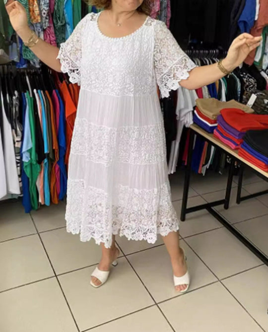 Damen nan mehrlagiges Spitzen-Midikleid mit plissierten Einsätzen und Volantärmeln R&B