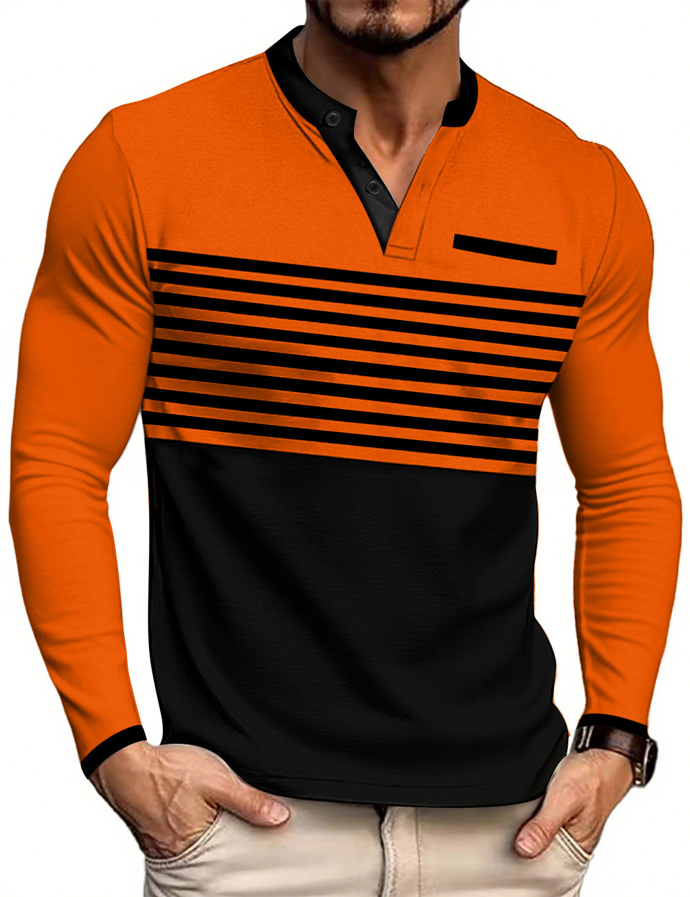 Herren nan modernes Langarm-Polo mit Henley-Blende gestreifter Brustpartie und Stehkragen R&B