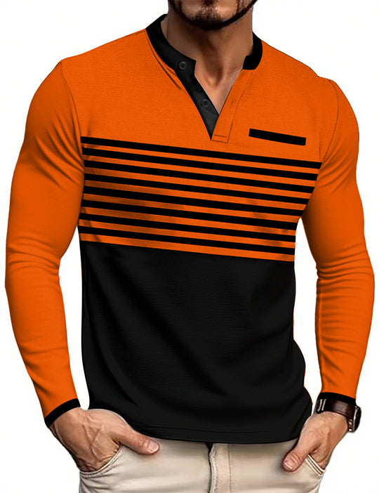 Herren nan modernes Langarm-Polo mit Henley-Blende gestreifter Brustpartie und Stehkragen R&B