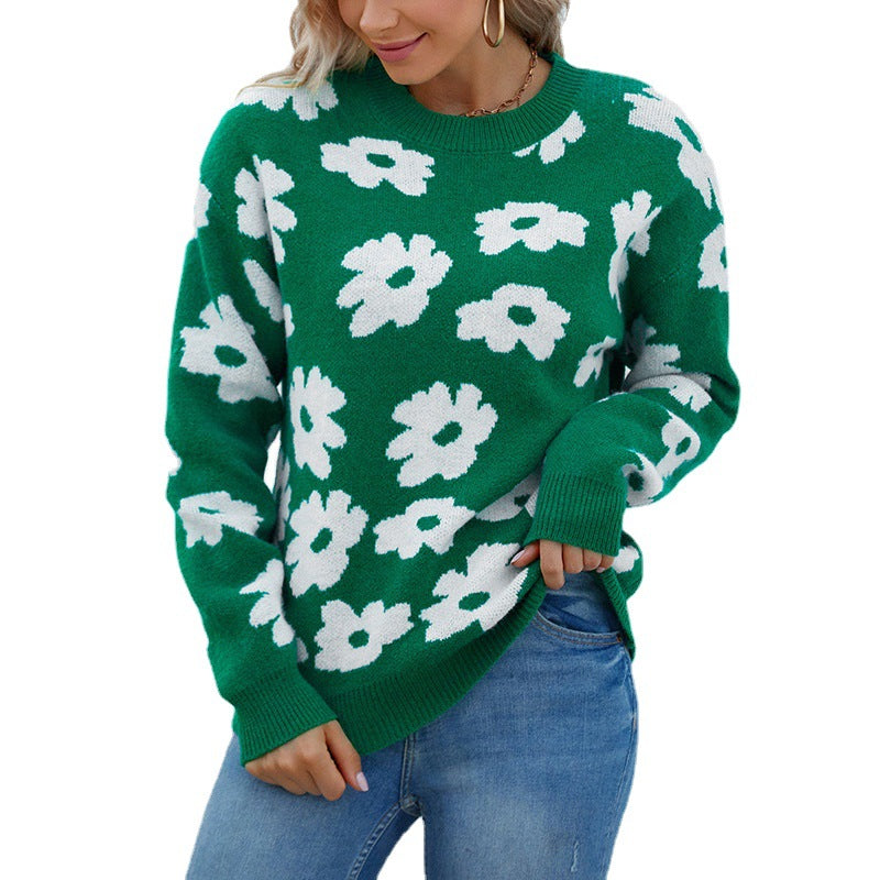 Damen Strickpullover mit floralem Muster und lockerem Schnitt