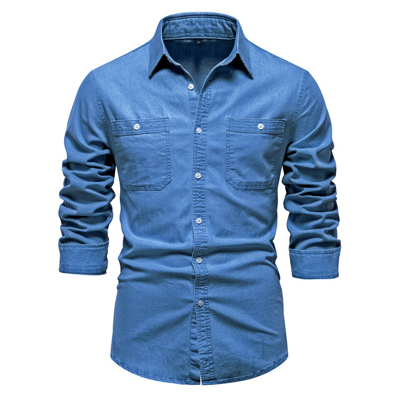 Herren nan schmal geschnittenes Denim-Hemd mit Kentkragen und aufgesetzten Brusttaschen R&B