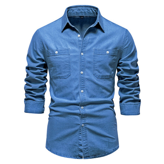 Herren nan schmal geschnittenes Denim-Hemd mit Kentkragen und aufgesetzten Brusttaschen R&B