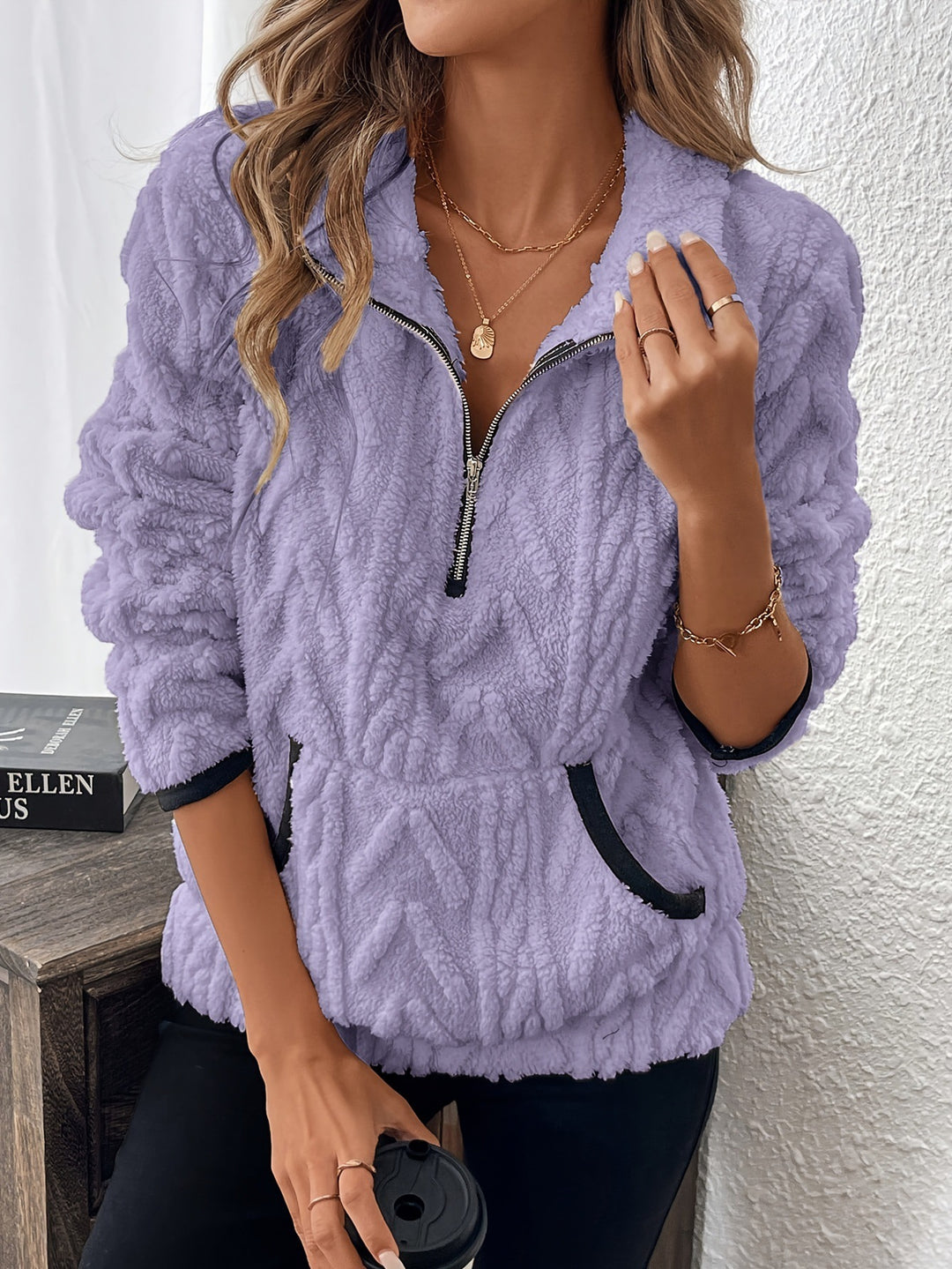 Damen kuscheliger Fleece-Hoodie mit halbem Reißverschluss R&B