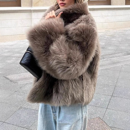 Damen Pelzjacke im modernen Oversize-Stil mit gemütlichem Kragen R&B