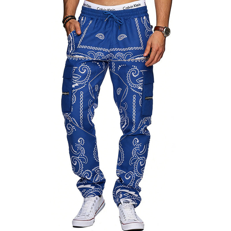 Herren nan Cargo-Jogginghose mit Paisley-Muster, elastischem Bund, multiple Reißverschluss- und Klappentaschen R&B
