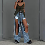 Damen stylisches geschnittenes Denim-Hosen-Set mit asymmetrischen Details R&B