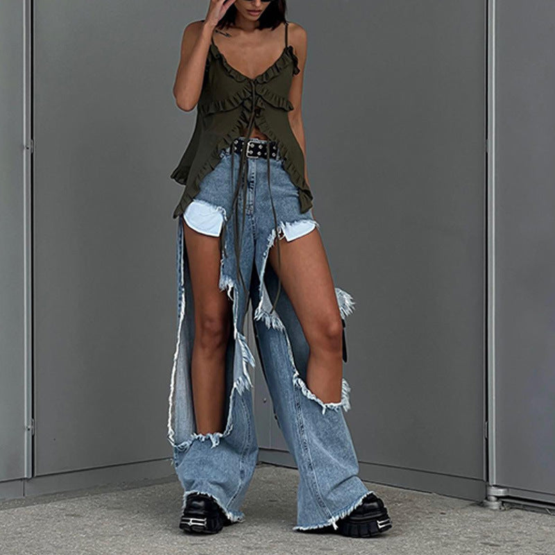 Damen stylisches geschnittenes Denim-Hosen-Set mit asymmetrischen Details R&B