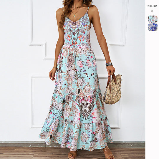 Damen Maxikleid mit luftigen Trägern und floralem Muster R&B