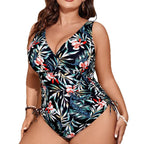 Damen Einteiler Badeanzug mit floralem Wickeldesign und figurformenden Raffungen R&B