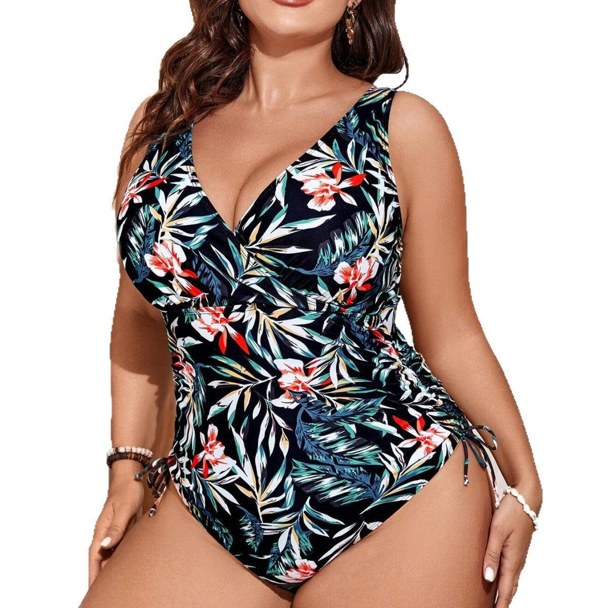 Damen Einteiler Badeanzug mit floralem Wickeldesign und figurformenden Raffungen R&B