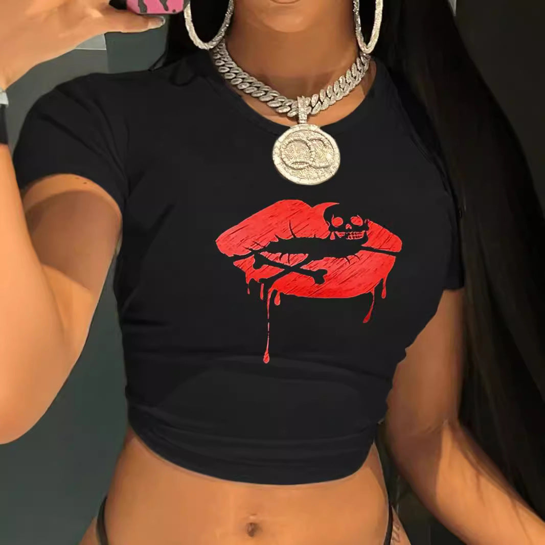 Damen Crop-T-Shirt mit kreativem Lippenmotiv und figurbetontem Schnitt R&B