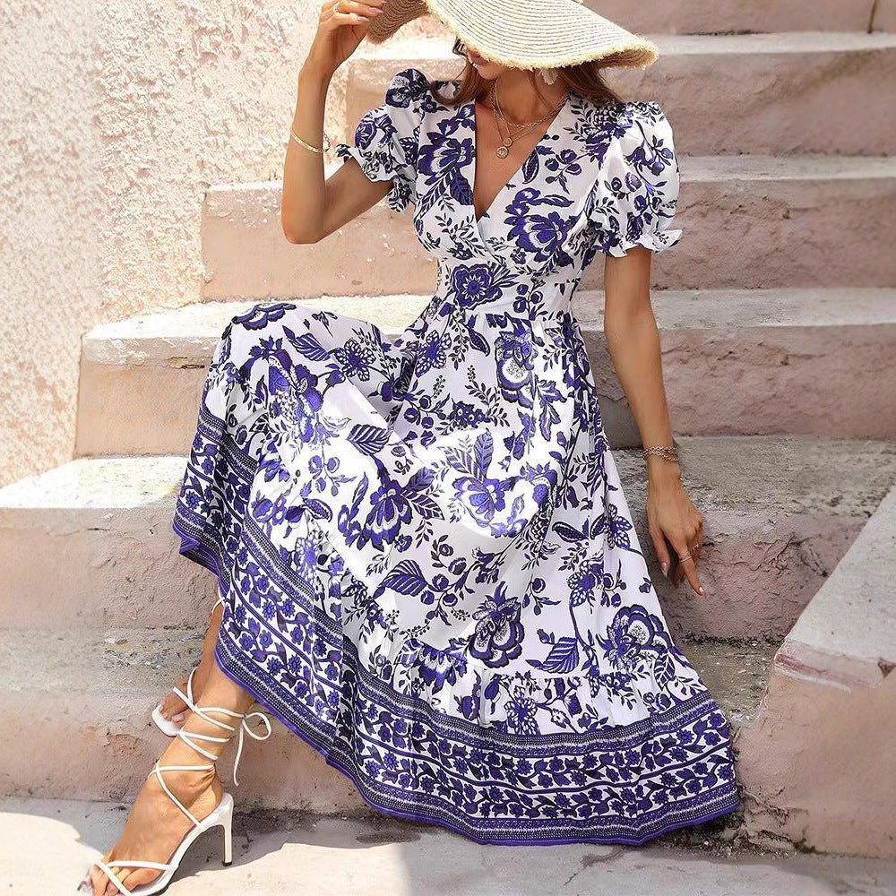 Damen nan tailliertes Boho-Maxikleid mit Wickeloptik V-Ausschnitt Puffärmeln und Bordüren-Stufenrock R&B
