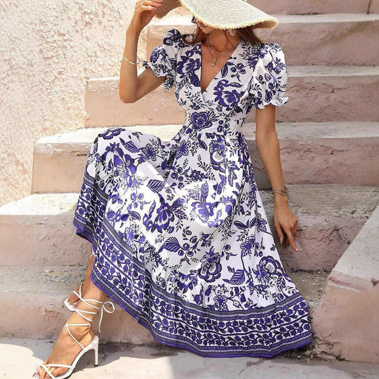 Damen nan boho-inspiriertes Maxikleid mit geraffter Empire-Taille, kurzen Puffärmeln und dekorativem Bordürenprint R&B