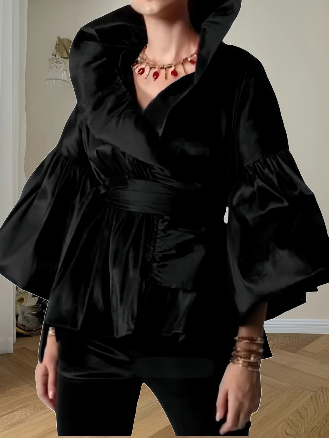 Damen Elegante Wickeljacke mit voluminösen Ärmeln und modernem Kragen R&B