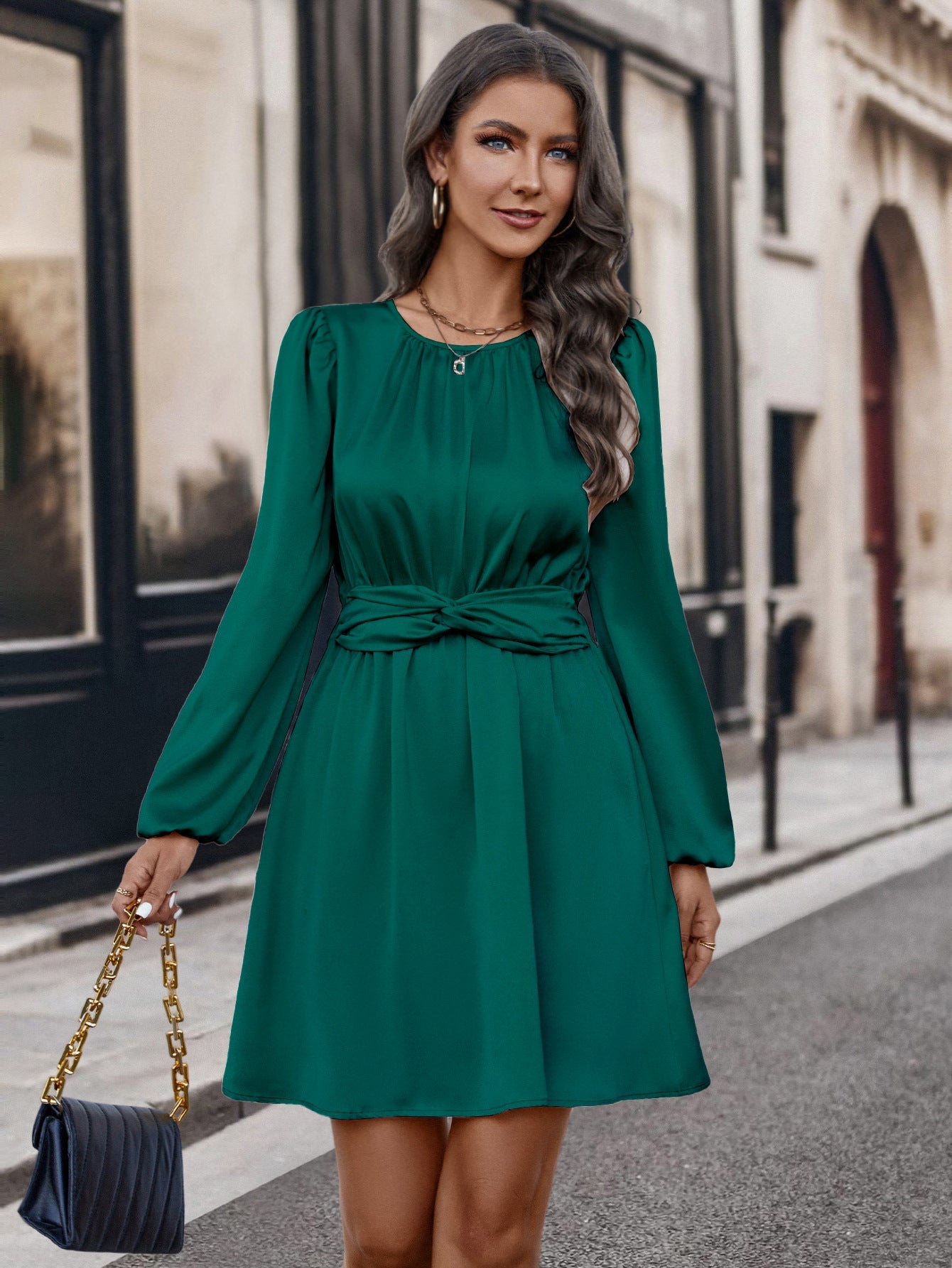 Damen elegantes Mini-Kleid mit tailliertem Schnitt und Puffärmeln R&B