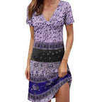 Damen Kurzarmkleid mit modischem V-Ausschnitt und kreativem Muster R&B